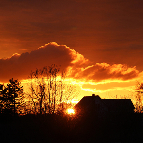 the sky is on fire in this sunset behind a farmhouse