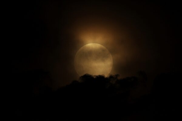 yellow glowing moon sits atop clouds in the night sky