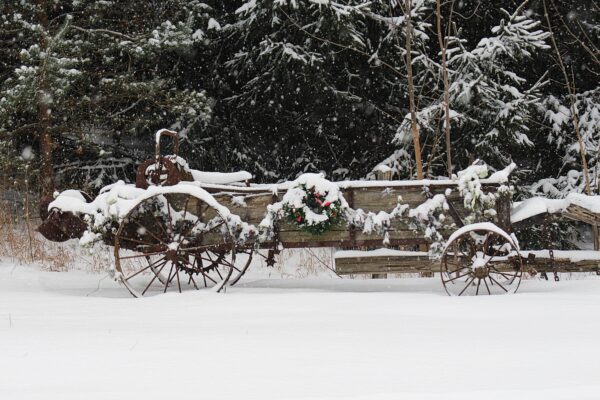 wooden sleigh covered garland and snow sits outside