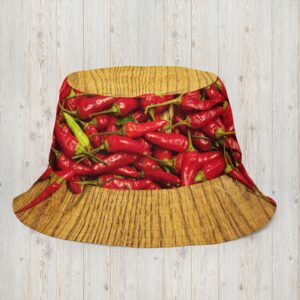 bright red chili peppers completely circle this brown bucket hat