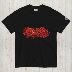chili peppers make a huge splash across a vibrant t-shirt