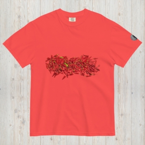 chili peppers make a huge splash across a vibrant t-shirt